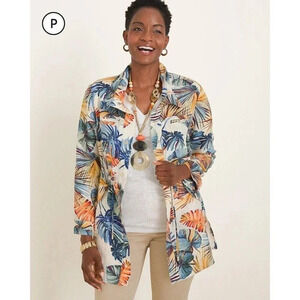 Chicos Linen Utility Jacket Womens 4/6 Palm Tropical Chic 3/4 Sleeves‎ Pockets